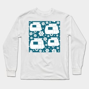 Daisy Polka Dot Vintage Caravan Pattern in Teal and White Long Sleeve T-Shirt